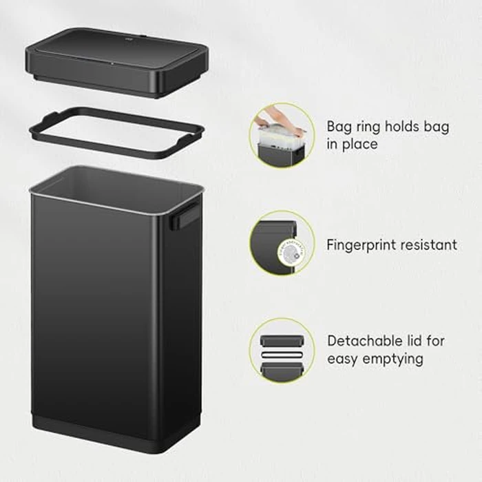 EKO Deluxe Mirage-T 50 Liter / 13.2 Gallon Touchless Rectangular Motion Sensor Trash Can, Matte Black Stainless Steel Finish by EKO - Image 7