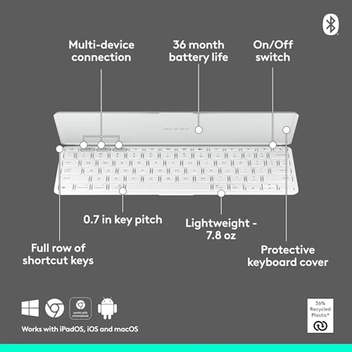 Logitech Keys-to-GO 2 Portable Wireless iPad Keyboard with Built-in Cover, Slim and Compact Bluetooth Keyboard for iPad, iPhone, Mac, and Apple TV, Easily Switch with Devices - Pale Grey by Logitech - Image 6