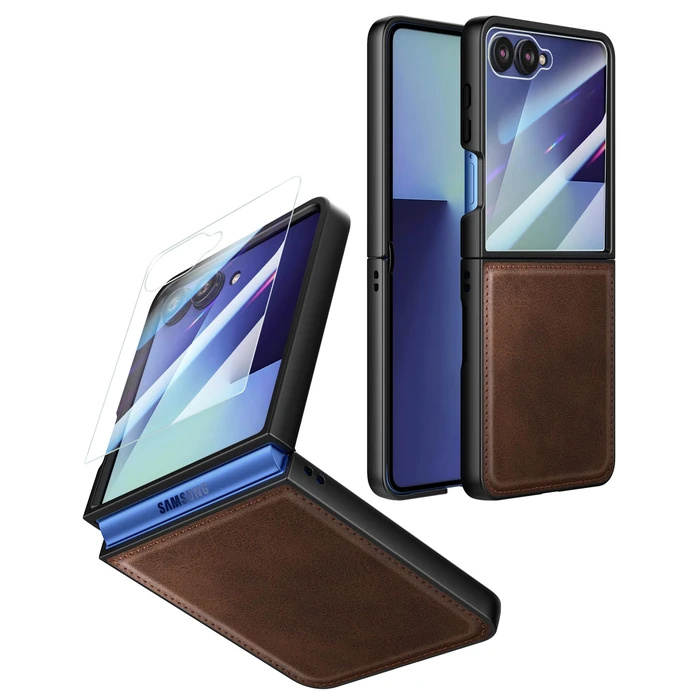 Foluu Leather Case for Samsung Galaxy Z Flip 7 with Front Built-in Screen Protector, PU Leather + Hard PC Shell Ultra Thin Slim Durable Protective Phone Cover for Galaxy Z Flip7 5G 2025 (Brown) by Foluu - Used - Like New condition