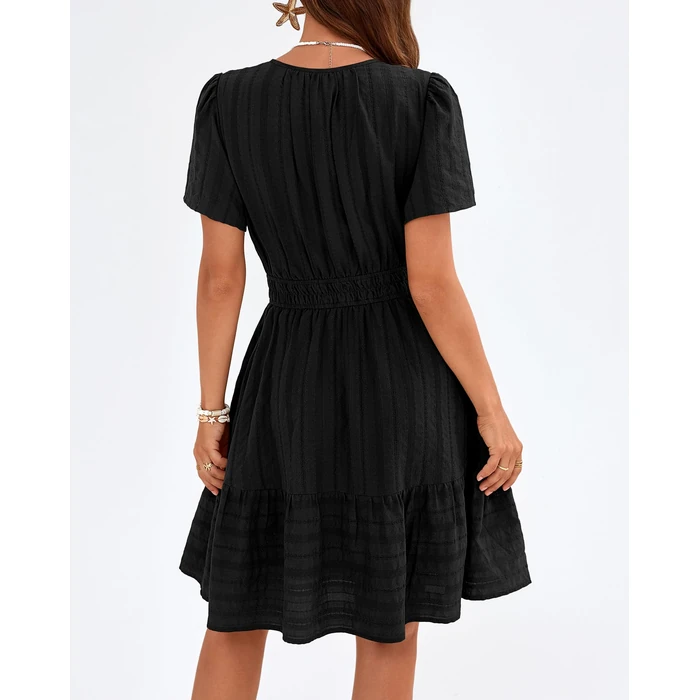 BTFBM Womens Spring 2026 Casual Mini Dresses Lightweight Short Sleeve V Neck Elastic Waist Cute Boho Beach Dress Pockets(Black, Medium) by BTFBM - Image 4