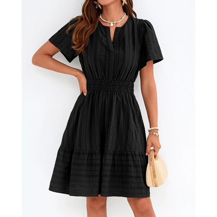 BTFBM Womens Spring 2026 Casual Mini Dresses Lightweight Short Sleeve V Neck Elastic Waist Cute Boho Beach Dress Pockets(Black, Medium) by BTFBM - Image 5