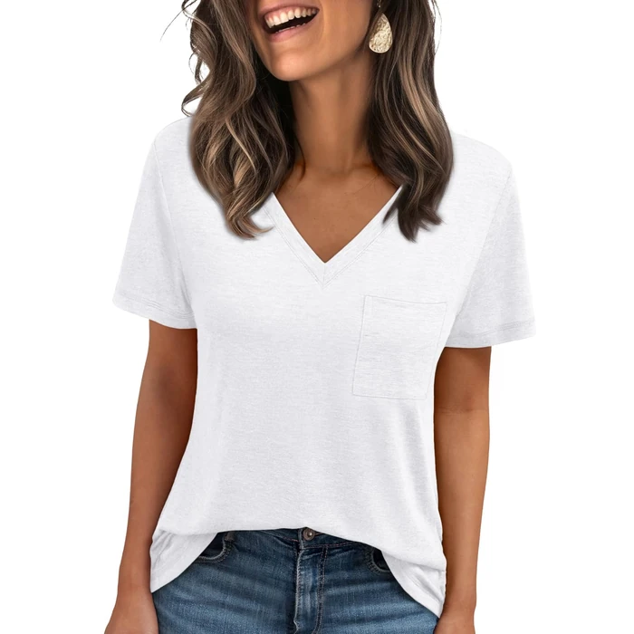 AUTOMET Women‘s V-Neck Pocket Tee, Short Sleeve Loose Fit Basic Top for Spring Summer, Everyday Beach & Travel White M by AUTOMET - Image 1