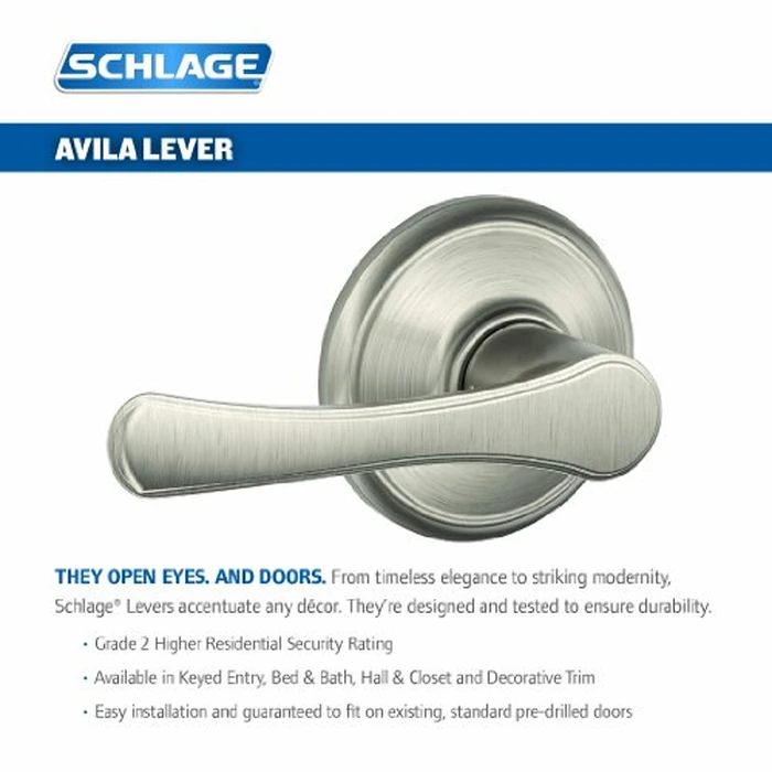 Schlage F40 VLA 619 ADD 16-080 10-027 134 N N SL Addison Collection Avila Bed and Bath Lever, Satin Nickel by SCHLAGE - Image 2