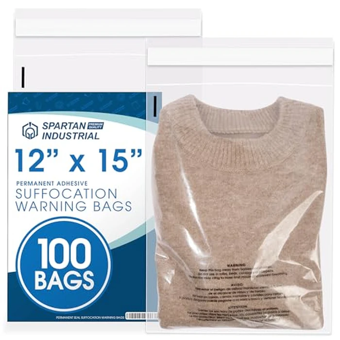 Spartan Industrial - 12” X 15” (100 Count) Self Seal Clear Poly Bags with Suffocation Warning for Packaging, T Shirts & Shipping - Permanent Adhesive by Spartan Industrial - Used - Like New condition - CA$18.55
