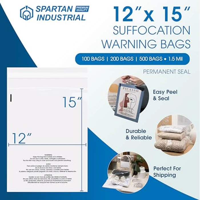 Spartan Industrial - 12” X 15” (100 Count) Self Seal Clear Poly Bags with Suffocation Warning for Packaging, T Shirts & Shipping - Permanent Adhesive by Spartan Industrial - Image 2