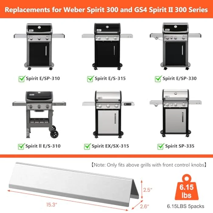 QuliMetal 15.3" Flavorizer Bars for Weber Spirit 300 and GS4 Spirit II 300 Series, Spirit E/S310 E/S315 E/S320 E/S330 Grills with Front Control Knobs, Grill Parts for Weber 7636, Stainless Steel by QuliMetal - Image 2