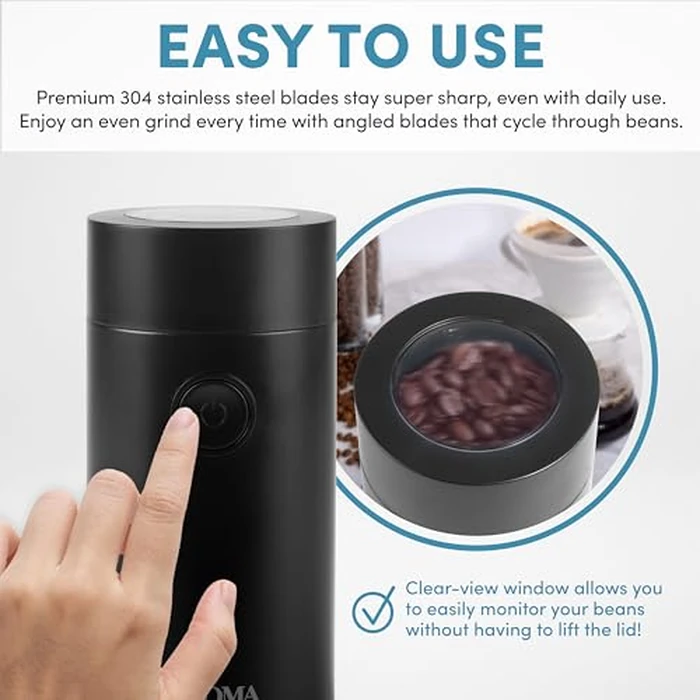 Aroma Housewares Mini Coffee Grinder and Electric Herb Grinder with 304 Stainless Steel Grinding Blades and a Premium Clear Lid (40 g.) by AROMA - Image 3