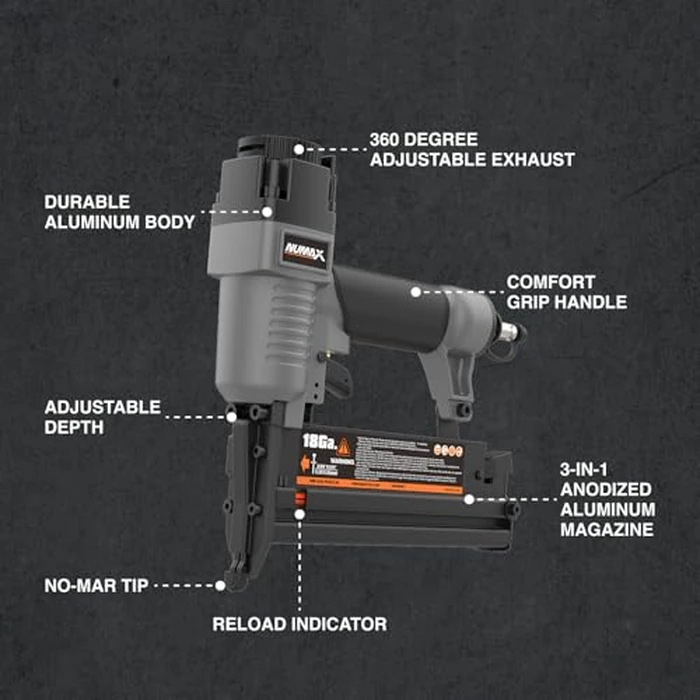 NuMax Pneumatic 3-in-1 Nail Gun | 16 GA & 18 GA Finish Nailer, Brad Nailer, Stapler | Multi-Purpose Air Tool for Trim, Moulding, Baseboards, Furniture, and Home Improvement Projects | SL31 by NuMax - Image 4