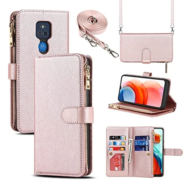 Jaorty Fit for Motorola Moto G Play 2021 Wallet Case,[9 Card Slots] Removable Adjustable Crossbody Necklace Lanyard Shoulder Strap Zipper PU Leather Case for Motorola G Play 2021 6.5 Inch,Rosegold by Jaorty - Used - Very Good condition - CA$8.22