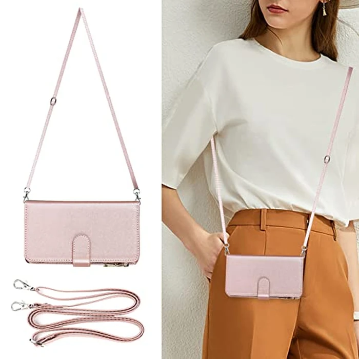 Jaorty Fit for Motorola Moto G Play 2021 Wallet Case,[9 Card Slots] Removable Adjustable Crossbody Necklace Lanyard Shoulder Strap Zipper PU Leather Case for Motorola G Play 2021 6.5 Inch,Rosegold by Jaorty - Image 2