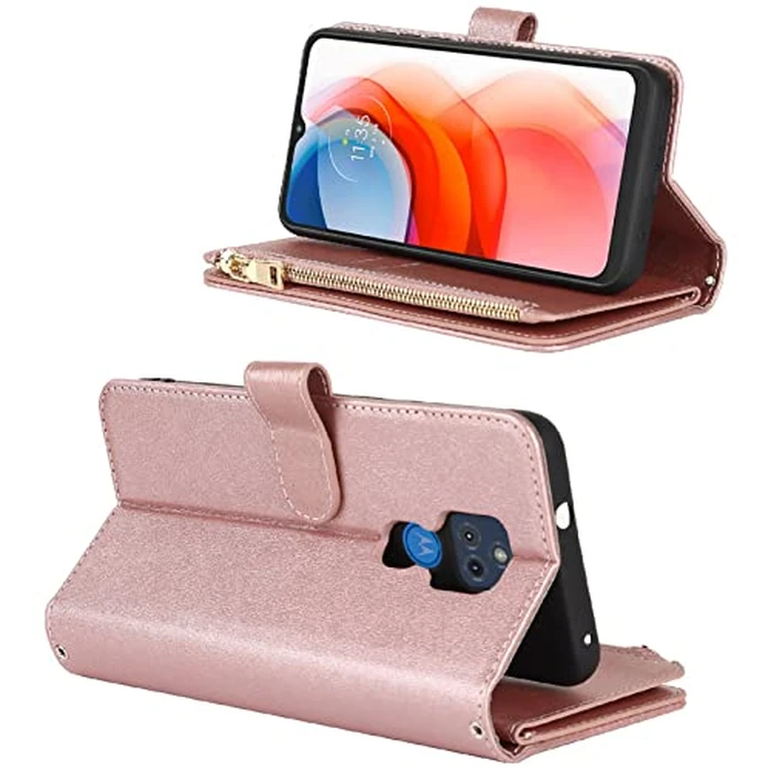 Jaorty Fit for Motorola Moto G Play 2021 Wallet Case,[9 Card Slots] Removable Adjustable Crossbody Necklace Lanyard Shoulder Strap Zipper PU Leather Case for Motorola G Play 2021 6.5 Inch,Rosegold by Jaorty - Image 3