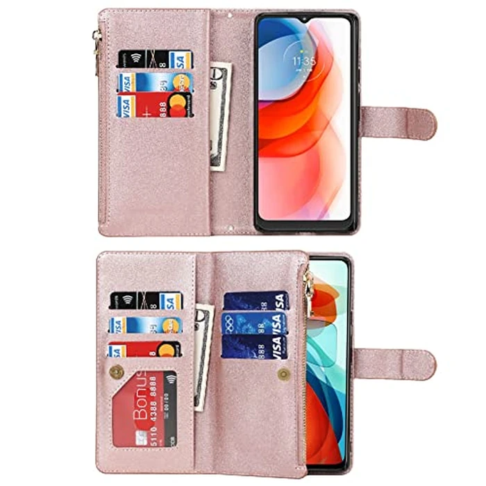 Jaorty Fit for Motorola Moto G Play 2021 Wallet Case,[9 Card Slots] Removable Adjustable Crossbody Necklace Lanyard Shoulder Strap Zipper PU Leather Case for Motorola G Play 2021 6.5 Inch,Rosegold by Jaorty - Image 4