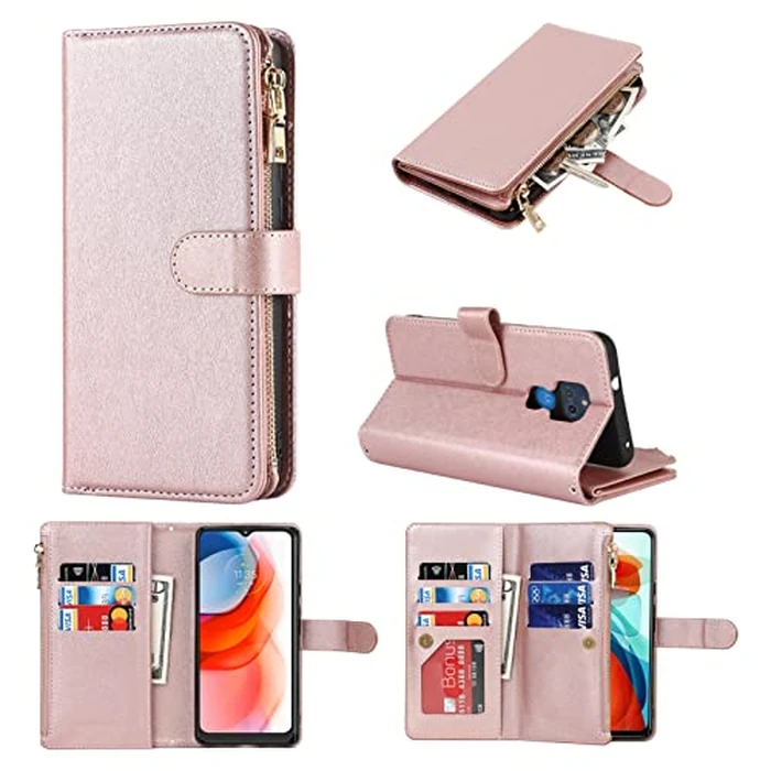 Jaorty Fit for Motorola Moto G Play 2021 Wallet Case,[9 Card Slots] Removable Adjustable Crossbody Necklace Lanyard Shoulder Strap Zipper PU Leather Case for Motorola G Play 2021 6.5 Inch,Rosegold by Jaorty - Image 7
