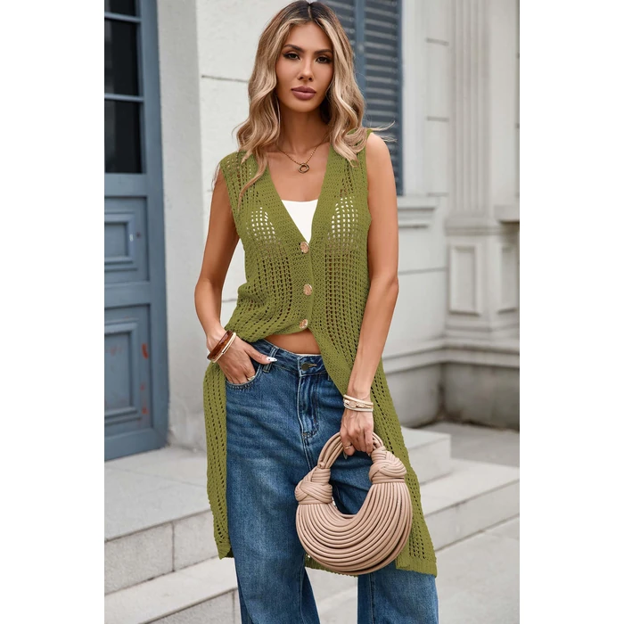 Cakulo Womens Crochet Beach Cover Ups Sleeveless Cardigans Lightweight Summer Long Sweater Vest 2026 Vacation Green S by Cakulo - Image 6