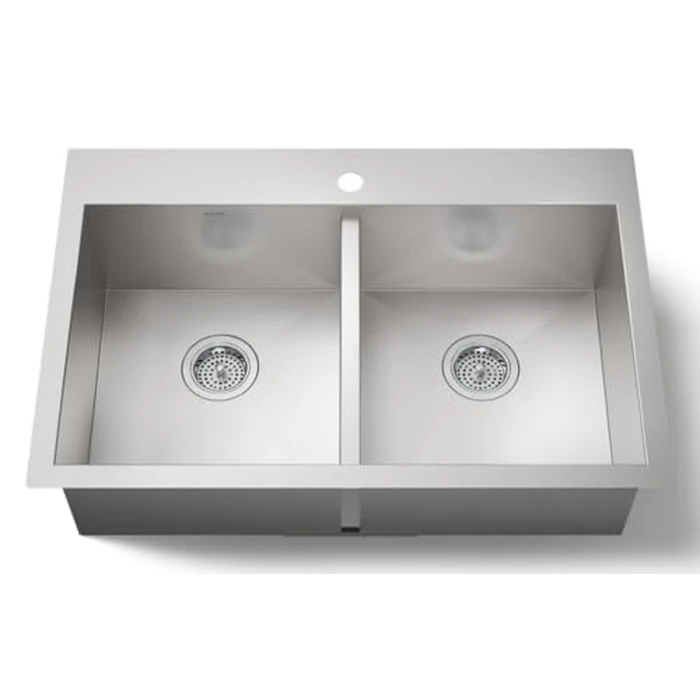KOHLER Vault(TM) Stainless Steel 33" Double-Bowl Kitchen Sink with Single Faucet Hole, Drop-In or Undermount Kitchen Sinks Installation, 9 inch Bowl, K-3820-1-NA by Kohler - Used - Like New condition - US$400.00
