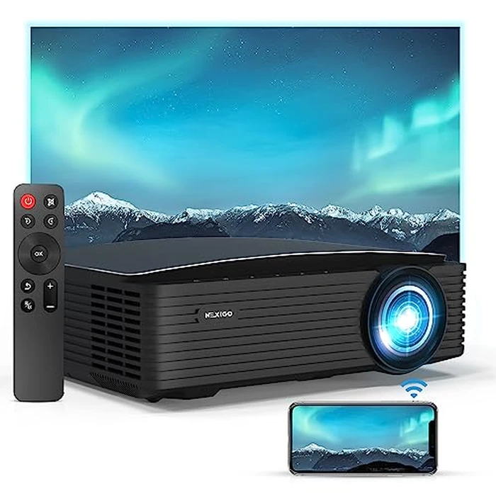 NexiGo PJ20 Outdoor Projector, Movie Projector with WiFi and Bluetooth, Native 1080P, Dolby_Audio Sound Support, Compatible w/TV Stick,iOS,Android,Laptop,Console by NexiGo - Image 1