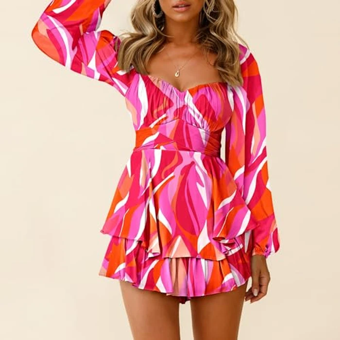 Fixmatti Women's Long Lantern Sleeve Shorts Jumpsuit Off the Shoulder Ruffle Layer Tie Mini Short Romper Rose Pink S by Fixmatti - Used - Like New condition - US$28.87