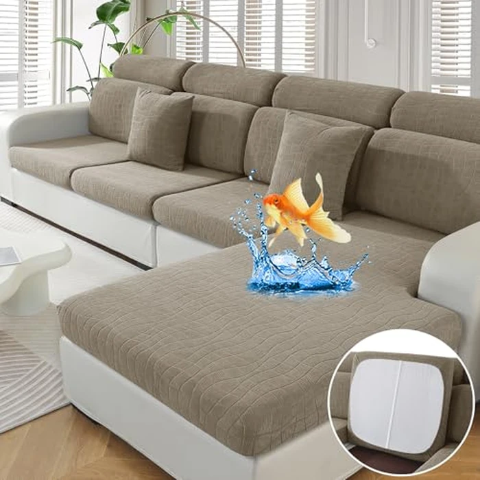 MAXIJIN Waterproof 3 Pieces Couch Cushion Covers for Sectional Sofa Seat Slipcover Stretch Sectional Couch Cover for L Shape Left/Right Chaise with Elastic Bottom (2 Seater + 1 Chaise, Khaki) by MAXIJIN - Image 1