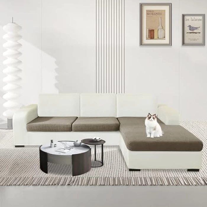 MAXIJIN Waterproof 3 Pieces Couch Cushion Covers for Sectional Sofa Seat Slipcover Stretch Sectional Couch Cover for L Shape Left/Right Chaise with Elastic Bottom (2 Seater + 1 Chaise, Khaki) by MAXIJIN - Image 2