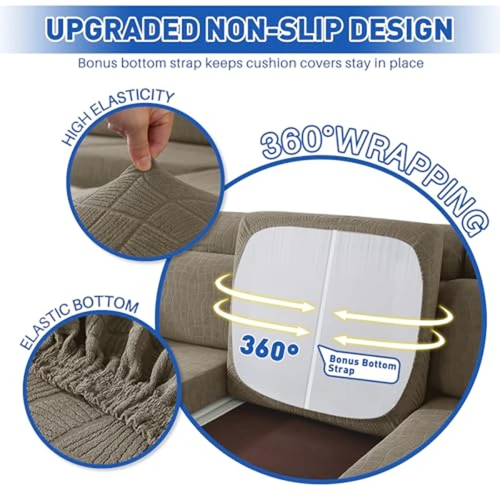 MAXIJIN Waterproof 3 Pieces Couch Cushion Covers for Sectional Sofa Seat Slipcover Stretch Sectional Couch Cover for L Shape Left/Right Chaise with Elastic Bottom (2 Seater + 1 Chaise, Khaki) by MAXIJIN - Image 6