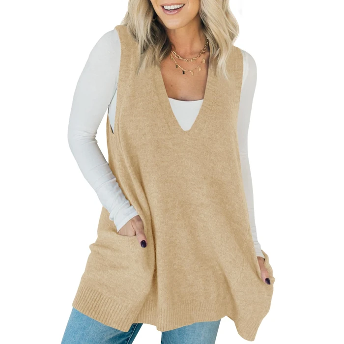 Saodimallsu Womens Sleeveless Sweater Vest V Neck Loose Knit Casual A Line Flattering Tunic Top with Pockets Beige by Saodimallsu - Image 1