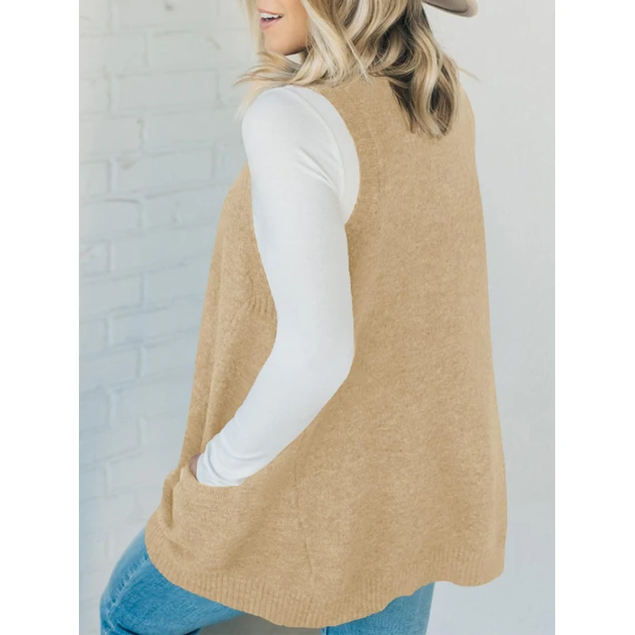 Saodimallsu Womens Sleeveless Sweater Vest V Neck Loose Knit Casual A Line Flattering Tunic Top with Pockets Beige by Saodimallsu - Image 2