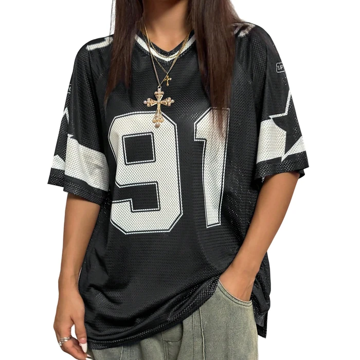 SHENHE Women's Graphic Football Jersey Top V Neck Short Sleeve Loose T Shirt Streetwear Black X-Small by SHENHE - Image 1