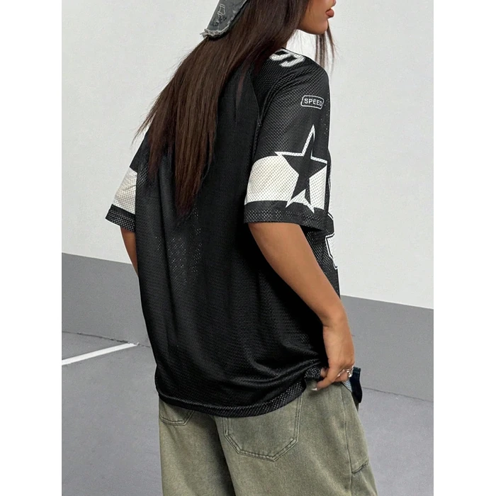 SHENHE Women's Graphic Football Jersey Top V Neck Short Sleeve Loose T Shirt Streetwear Black X-Small by SHENHE - Image 2