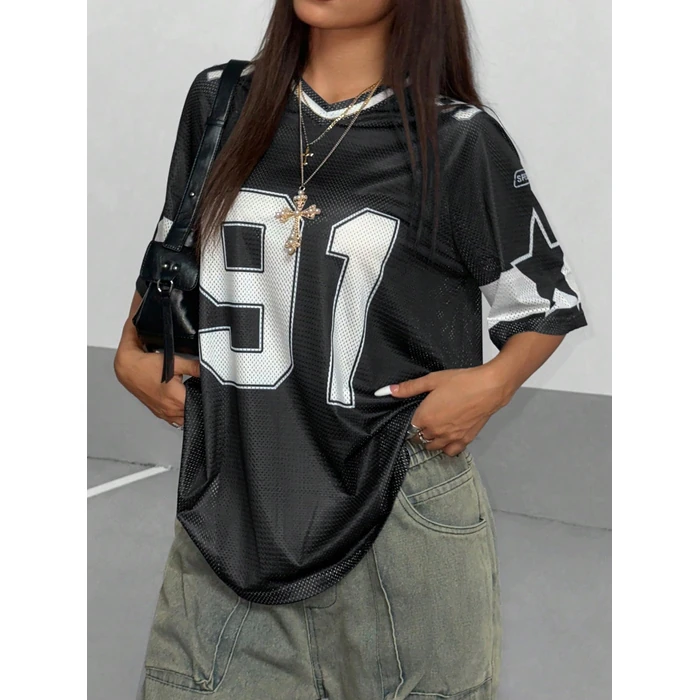 SHENHE Women's Graphic Football Jersey Top V Neck Short Sleeve Loose T Shirt Streetwear Black X-Small by SHENHE - Image 3