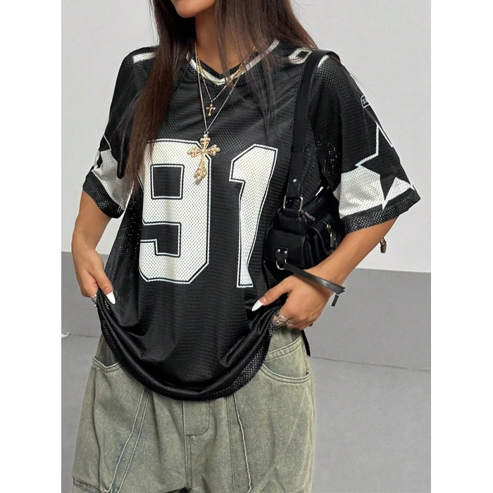 SHENHE Women's Graphic Football Jersey Top V Neck Short Sleeve Loose T Shirt Streetwear Black X-Small by SHENHE - Image 4