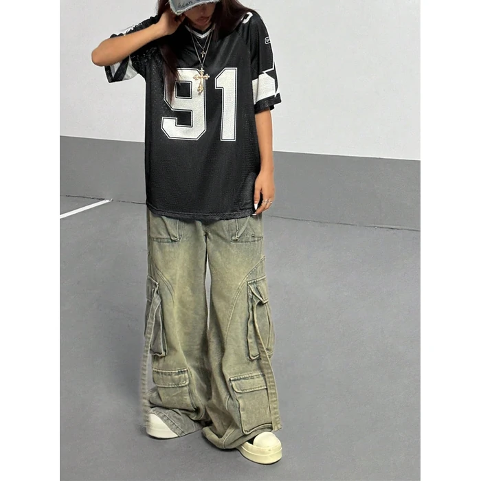 SHENHE Women's Graphic Football Jersey Top V Neck Short Sleeve Loose T Shirt Streetwear Black X-Small by SHENHE - Image 5