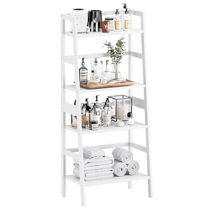 HITNET White Ladder Bookshelf, Leaning Bookcase, 4-Tier Bamboo Shelf, Floor Standing Storage Shelving Unit, Open Display Book Shelves by HITNET - Used - Acceptable condition - CA$49.26