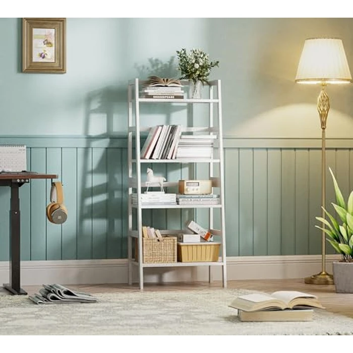HITNET White Ladder Bookshelf, Leaning Bookcase, 4-Tier Bamboo Shelf, Floor Standing Storage Shelving Unit, Open Display Book Shelves by HITNET - Image 2