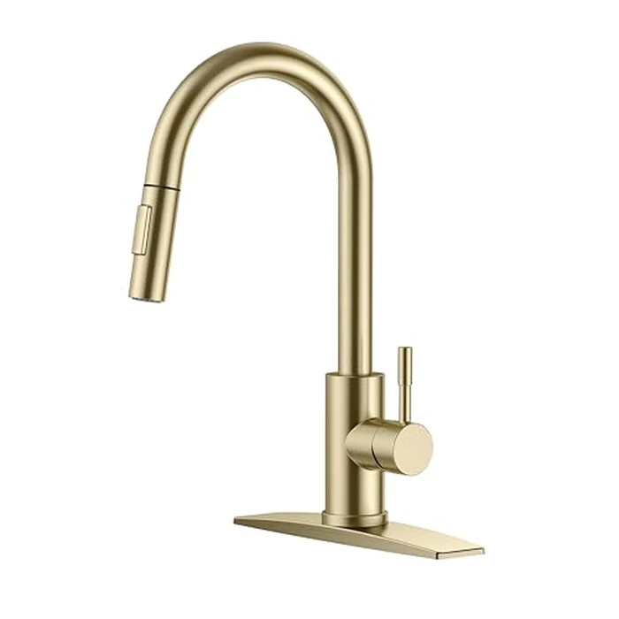 FORIOUS Kitchen Faucet, Kitchen Faucets with Pull Down Sprayer, Stainless Steel High Arc Single Handle Classic Kitchen Sink Faucet, for RV, Laundry, 1 and 3 Hole Deck Mount (Brushed Gold) by FORIOUS - Used - Acceptable condition