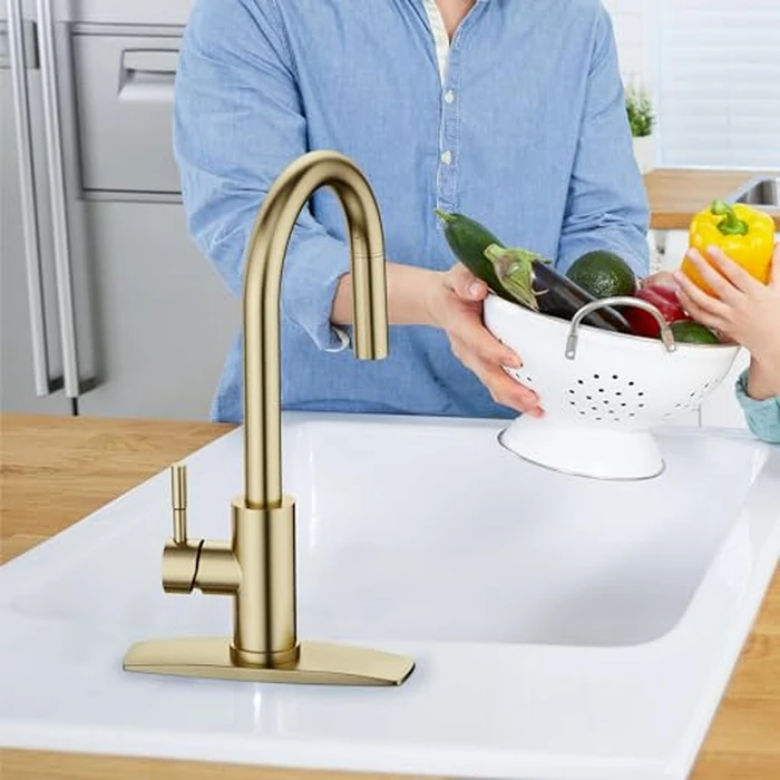 FORIOUS Kitchen Faucet, Kitchen Faucets with Pull Down Sprayer, Stainless Steel High Arc Single Handle Classic Kitchen Sink Faucet, for RV, Laundry, 1 and 3 Hole Deck Mount (Brushed Gold) by FORIOUS - Image 4