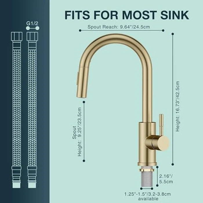 FORIOUS Kitchen Faucet, Kitchen Faucets with Pull Down Sprayer, Stainless Steel High Arc Single Handle Classic Kitchen Sink Faucet, for RV, Laundry, 1 and 3 Hole Deck Mount (Brushed Gold) by FORIOUS - Image 5