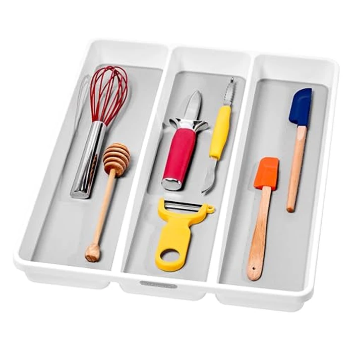 Madesmart Classic 3-Compartment Plastic Utensil Tray for Drawers, Multipurpose Storage Tray Drawer Organizer, White by Madesmart - Used - Good condition - CA$13.57