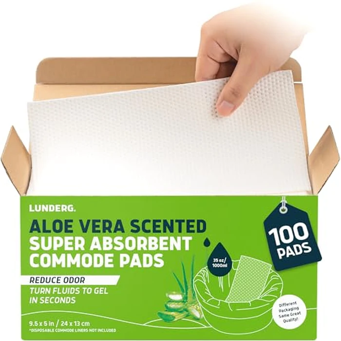 Lunderg Aloe Scented Super Absorbent Commode Pads - Medical Grade Value Pack 100 Count - for Disposable Bedside Commode Liners, Adult Chairs, Portable Buckets & Camping Toilet Bags - Light Scent by Lunderg - Image 1