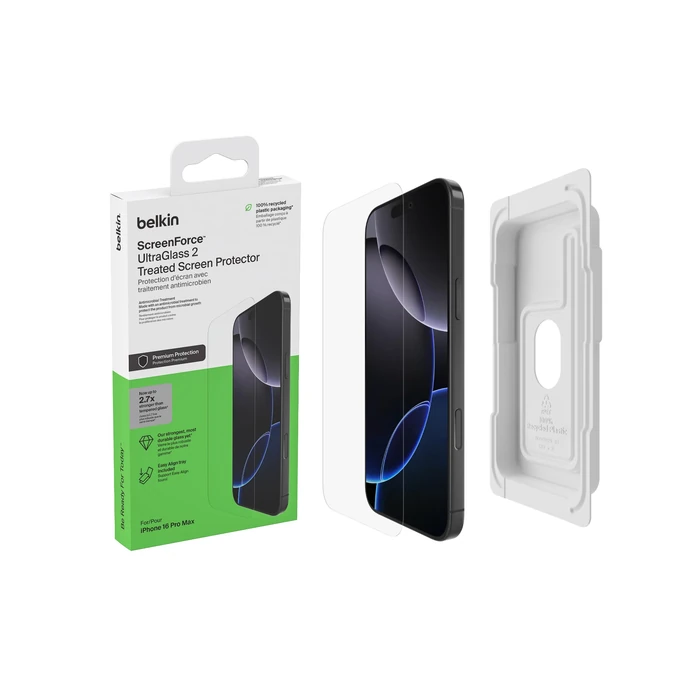 Belkin ScreenForce UltraGlass 2 Treated Screen Protector for iPhone 16 Pro Max - Scratch-Resistant, 9H Hardness Tested Glass w/Slim Design & Easy Align Tray for Bubble-Free Application by Belkin - Used - Like New condition