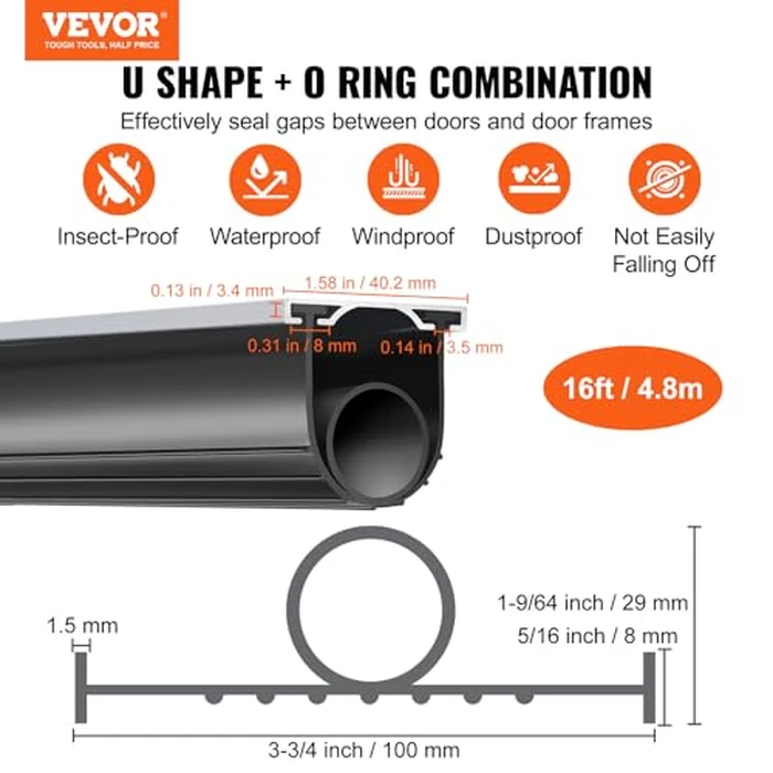 VEVOR Garage Door Seals Bottom Rubber, U Shape +O Ring Combination Garage Door Weather Stripping with Pre-drilled Aluminum Track Retainer Kit, 5/16 inch T-Ends and 3 3/4 inch Width (16 Ft, Black) by VEVOR - Image 2