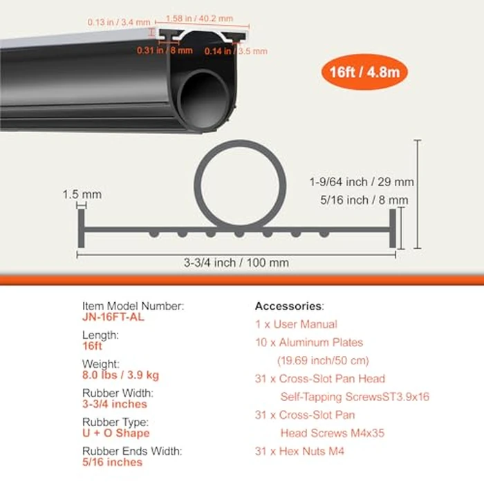 VEVOR Garage Door Seals Bottom Rubber, U Shape +O Ring Combination Garage Door Weather Stripping with Pre-drilled Aluminum Track Retainer Kit, 5/16 inch T-Ends and 3 3/4 inch Width (16 Ft, Black) by VEVOR - Image 7