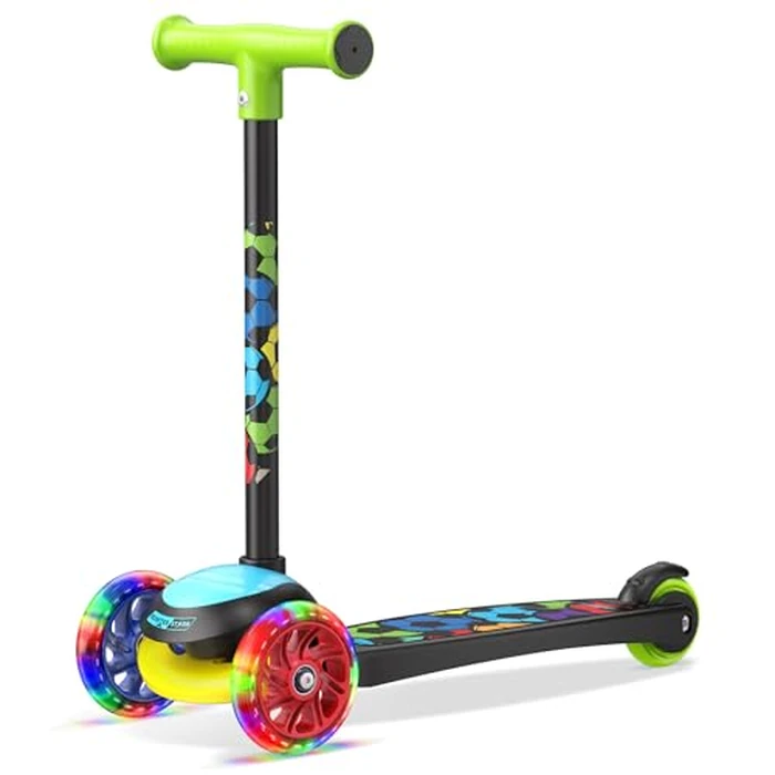 3 Wheel Scooter for Kids, Smooth Light Up LED Front Wheels, Wide Anti Slip Deck, Rear Foot Brake, Easy Lean to Steer Maneuvering, Indoor & Outdoor Ride On Toys for Ages 2 Up, Football Theme Color by Scooter Stars - Used - Like New condition