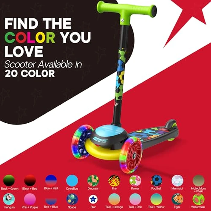 3 Wheel Scooter for Kids, Smooth Light Up LED Front Wheels, Wide Anti Slip Deck, Rear Foot Brake, Easy Lean to Steer Maneuvering, Indoor & Outdoor Ride On Toys for Ages 2 Up, Football Theme Color by Scooter Stars - Image 7
