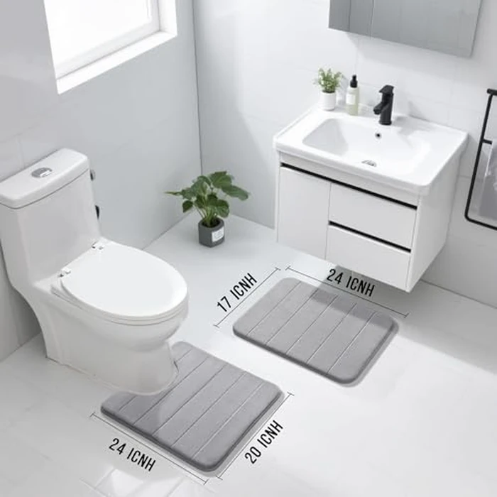 Yimobra U-Shaped Toilet Bath Mat Set 2 Piece - Super Soft Absorbent Quick Dry Memory Foam Bathroom Rugs, Machine Washable Non Slip Floor Carpet for Tub Shower & Single Sink (17x24 & 24x20, Gray) by Yimobra - Image 2