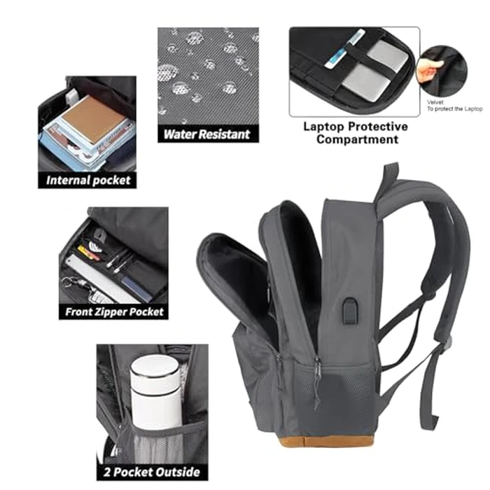 KEOFID Classic Travel Backpack for Men and Women, Anti Theft Laptop Backpack with USB Charging port, Large Bag for College(Grey and Brown, 19 Inches) by KEOFID - Image 3