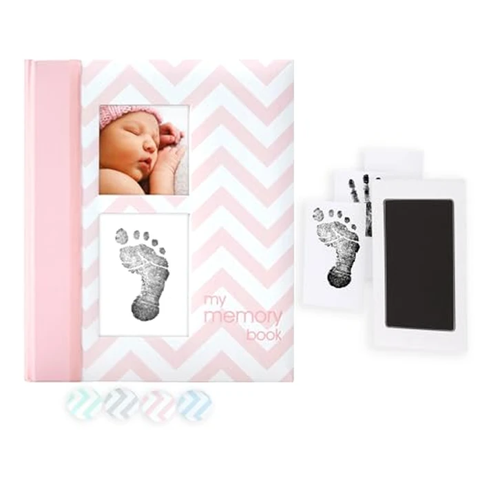 Pearhead Baby Memory Book, First 5 Years Baby Milestone Book, Pregnancy Journal, Gender Neutral Newborn Keepsake, With Clean-Touch Ink Pad For Baby's Handprint or Footprint, Pink Chevron by Pearhead - Used - Like New condition - US$18.99