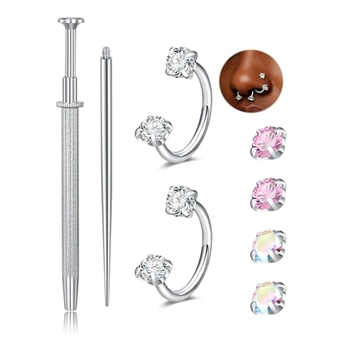 QWALIT 18g Horseshoe Nose Ring Double Stud Gem Horse Shoe Nose Ring Hoop for Women Surgical Steel U Shape Half Earring Silver Tragus Earring Hoops Lip Helix Piercing Jewelry Septum Rings 18 Gauge 6mm by QWALIT - Used - Very Good condition