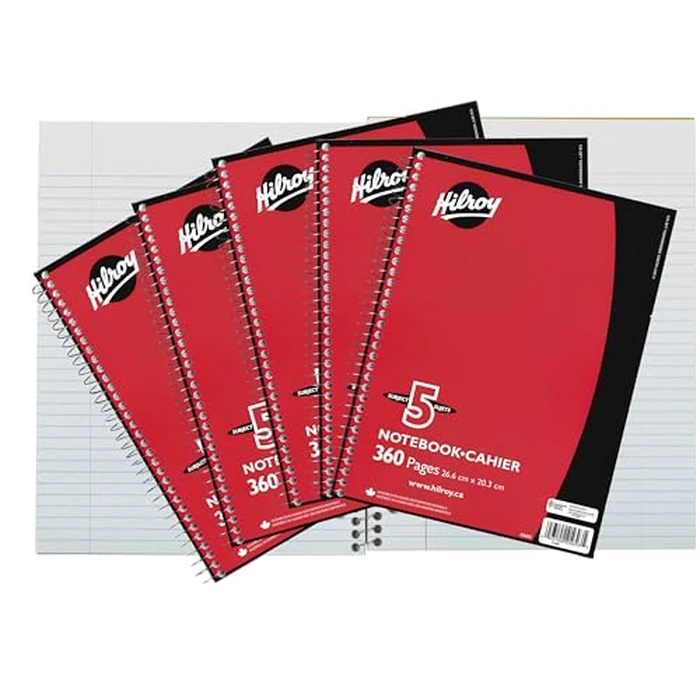 Hilroy 5-Subject Coil Notebook, 8" x 10.5", Wide Ruled, 360 Pages/180 Sheets, 3-Hole Punched, Red Colour Covers, Box of 12 (05693A) by Hilroy - Image 2