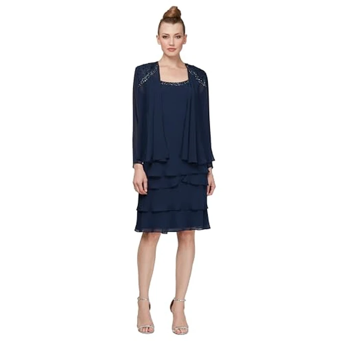 S.L. Fashions Women's Mother of The Bride Tiered Jacket Dress with Shoulder Embellishment, Navy, 14 by S.L. Fashions - Used - Like New condition