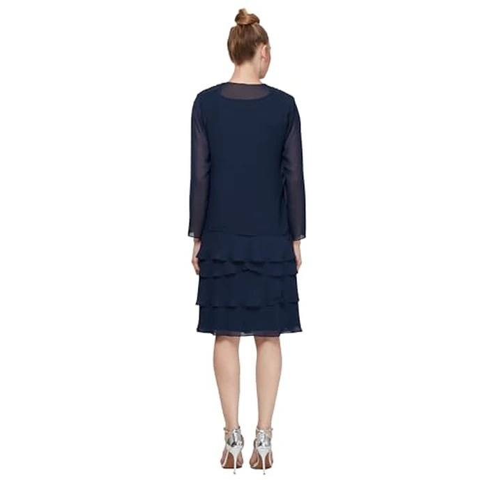S.L. Fashions Women's Mother of The Bride Tiered Jacket Dress with Shoulder Embellishment, Navy, 14 by S.L. Fashions - Image 3